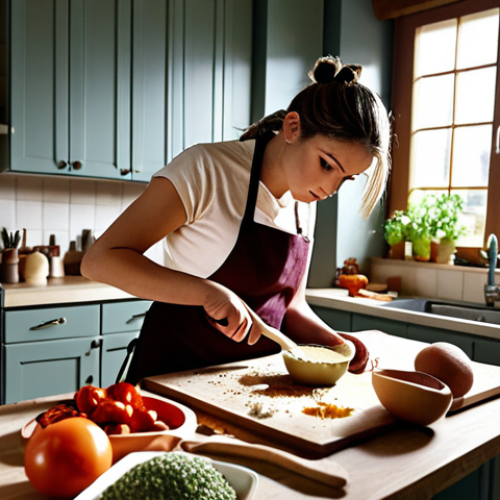 **

A person actively cooking in a kitchen, with ingredients scattered around, looking focused and slightly frustrated, but ultimately succeeding. The style should be warm and inviting, like a cooking show. The scene should evoke the feeling of "learning by doing."

**