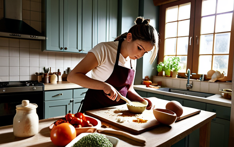 **

A person actively cooking in a kitchen, with ingredients scattered around, looking focused and slightly frustrated, but ultimately succeeding. The style should be warm and inviting, like a cooking show. The scene should evoke the feeling of "learning by doing."

**