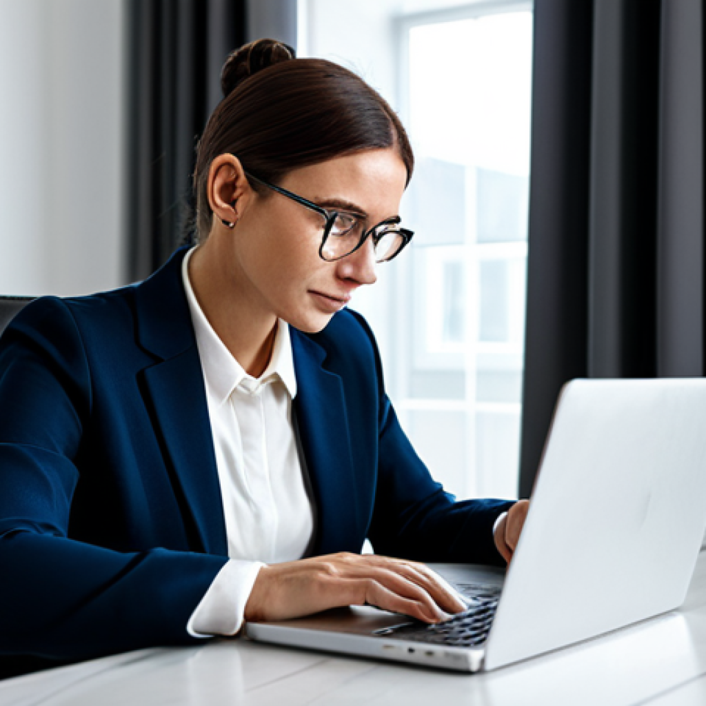 A professional adult in a modern, well-lit home office, fully clothed in modest, professional attire, focused on a laptop screen, engaged in online learning for career reskilling. The scene embodies flexible education and continuous competence development, with a clean and contemporary aesthetic. safe for work, appropriate content, fully clothed, professional dress, modest clothing, perfect anatomy, correct proportions, natural pose, well-formed hands, proper finger count, natural body proportions, professional photography, high quality image.