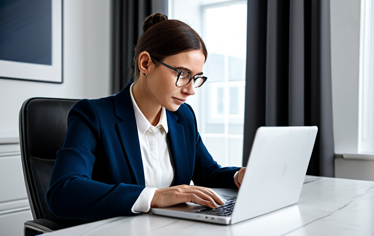 A professional adult in a modern, well-lit home office, fully clothed in modest, professional attire, focused on a laptop screen, engaged in online learning for career reskilling. The scene embodies flexible education and continuous competence development, with a clean and contemporary aesthetic. safe for work, appropriate content, fully clothed, professional dress, modest clothing, perfect anatomy, correct proportions, natural pose, well-formed hands, proper finger count, natural body proportions, professional photography, high quality image.