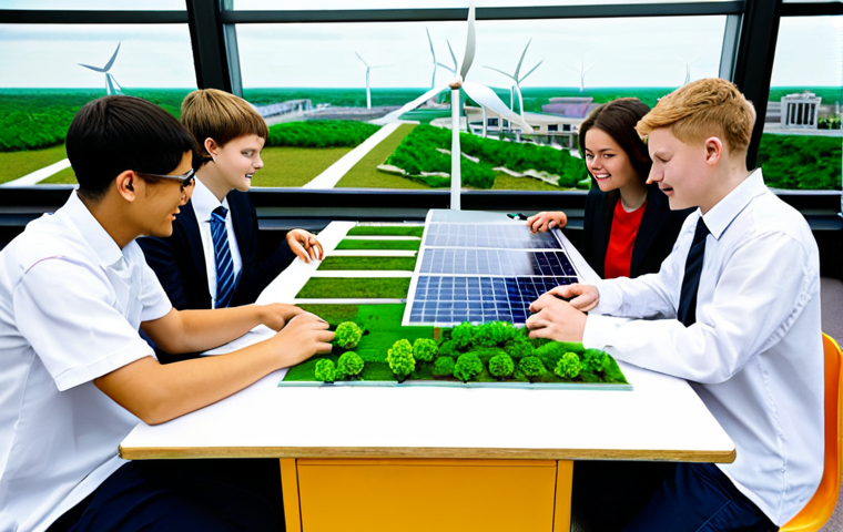 Sustainable City Design**
"A group of fully clothed students collaborating on a model of a sustainable city, complete with green roofs, solar panels, and wind turbines, appropriate attire, safe for work, educational setting, perfect anatomy, correct proportions, well-formed hands, proper finger count, natural pose, professional photography, high quality, family-friendly, modest clothing. The setting is a bright and modern classroom with large windows. Professional."
**