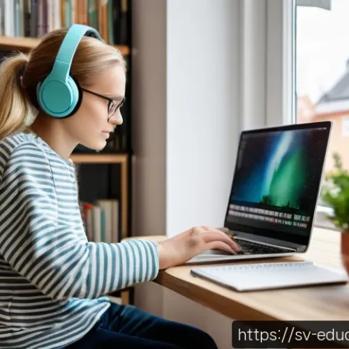 Home 29 스킬 기반 교육 모델에서의 학습 장애 극복 방법 - A modern, cozy study environment in a Swedish home, featuring a young adult sitting at a wooden desk...