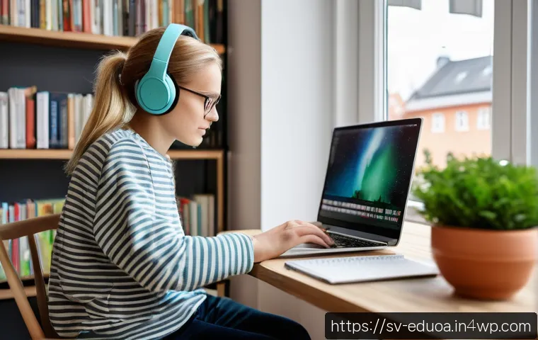 스킬 기반 교육 모델에서의 학습 장애 극복 방법 - A modern, cozy study environment in a Swedish home, featuring a young adult sitting at a wooden desk...