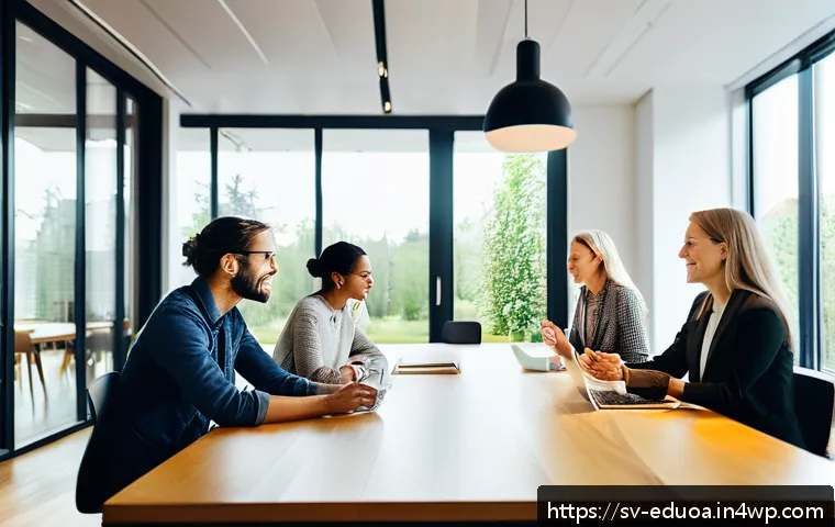 스킬 기반 교육 모델에서의 팀워크 및 협력 학습 - A modern Scandinavian office setting with a diverse team of professionals engaged in an open and tra...