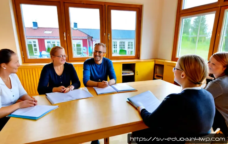 스킬 기반 교육 모델의 이해관계자 참여 증진 - Photorealistic Scandinavian adult education workshop in a bright Swedish community learning center, ...